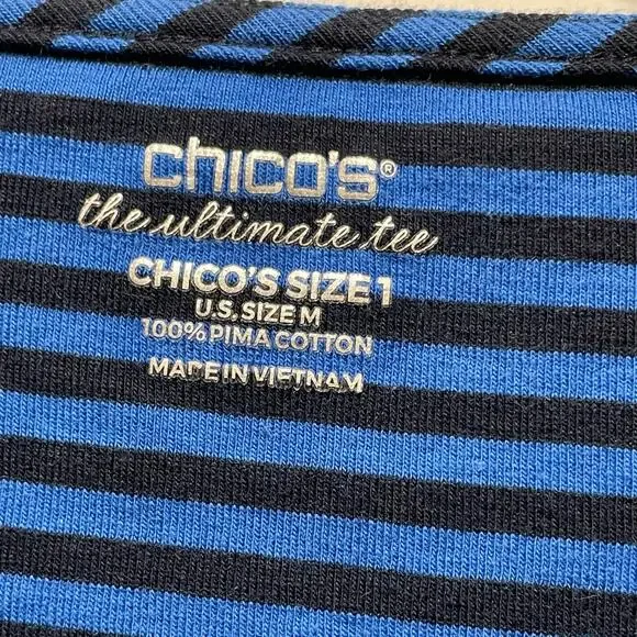 Chico's Top  Blue Striped Ultimate Tee Pima Cotton Side Slit 3/4 Sleeve size M/8 - Picture 5 of 9